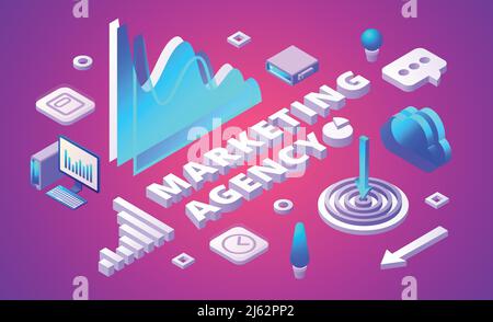 Vektordarstellung von Marketingagenturen für Marktforschung und Geschäftssymbole. Isometrische Marktanalyse und Management-Infografik, Computer und Cloud Stock Vektor