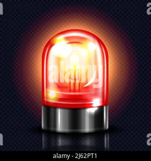 Sirene-Lichtvektor-Illustration der roten Alarmlampe oder Polizei- und Krankenwagen-Notrufleuchte. Isolierter realistischer 3D-Warnleuchtfeuer auf dunkler transparenter BA Stock Vektor