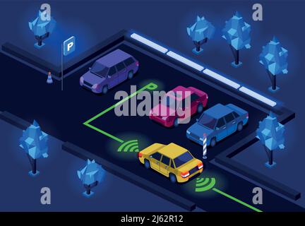 Parkplatz isometrische 3D Vektor-Illustration der Nacht Stadt Parkplatz mit Beleuchtung Technologie. Isometrische Autos auf dem Außenparkplatz mit Smart Navi Stock Vektor