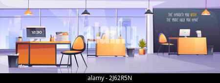 Moderne Büroausstattung. Business Workplace, Open Space Raum für Coworking. Vektor-Cartoon-Illustration von leeren Schrank mit Büromöbeln, berechnen Stock Vektor