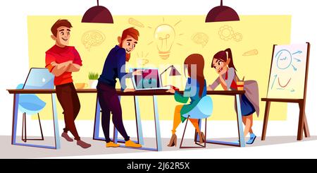 Vektor-Cartoon-Figuren im Coworking Center, kreativen Raum. Freiberufler, Designer arbeiten zusammen, stehen und diskutieren über Unternehmensprojekt. Zusammenarbeit Stock Vektor