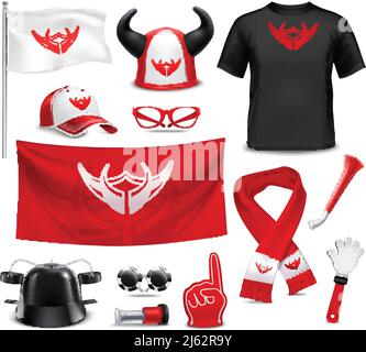 Sportclub Fans Fans Fans und Unterstützer T-Shirt Fahnen und Accessoires Rot schwarz Design realistische Set Vektor Illustration Stock Vektor