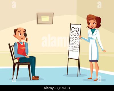 Vector Cartoon Frau Arzt ophtalmologist tun Augenlicht-Test für erwachsenen Mann Patienten. Weiblicher Optometrish-Caracter in medizinischer Uniform, Visionsexaminati Stock Vektor