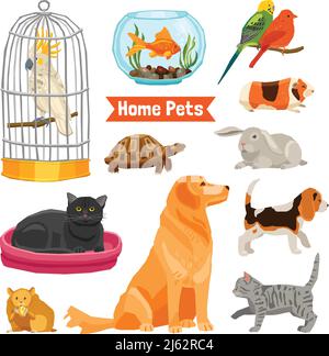 Große und kleine Haustiere Set mit Hunden Katzen Vögel Fisch Schildkröte Hamster Kaninchen und Meerschweinchen auf weißem Hintergrund Flache, isolierte Vektorgrafik Stock Vektor