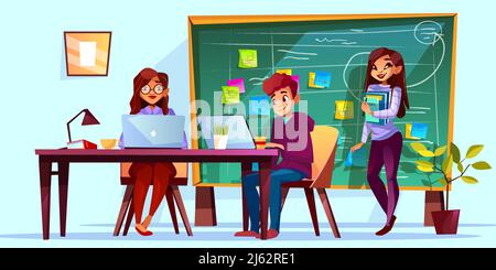 Team arbeitet im Büro mit Kanban Board Vektorgrafik. Business Kollegen an Arbeitstischen mit Computern und agilem Scrum-Management für teamwor Stock Vektor