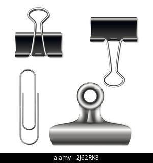 Binder Clips Vektordarstellung von 3D realistischem Metallic-Umschlagclip oder Klappclip von Büromaterial für Papierblätter mit Memonotizen. Isolierter Satz Stock Vektor