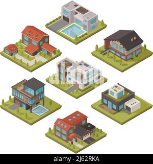 Isolierte farbige und isometrische Haus Symbol Set mit Stück Landschaft und verschiedene Arten von Häusern Vektor-Illustration Stock Vektor