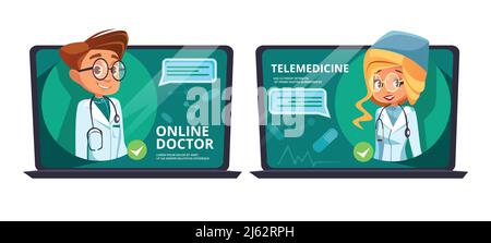 Online Arzt Telemedizin Vektor Cartoon Illustration. Medizinische Fernhilfe-Technologie und digitales Web Krankenhaus Gesundheitswesen für Internet-Medizin Stock Vektor