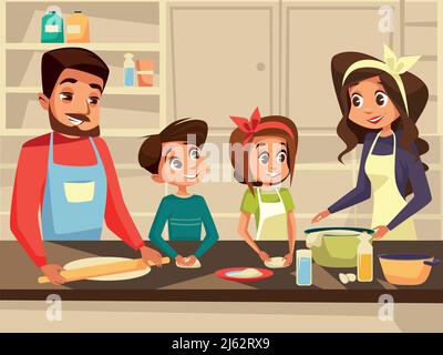 Moderne Familie zusammen Kochen in der Küche Vektor Cartoon flache Illustration. Glückliche europäische kaukasische Familie, die Essen in der Küche des glücklichen fa zubereitet Stock Vektor