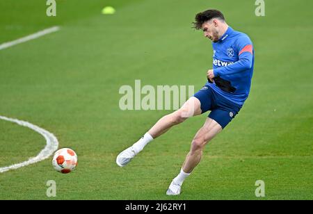 Rush Green London, Großbritannien. 27. April 2022. Declan Rig (West Ham) während des West Ham Trainings auf dem Rush Green Training Ground vor dem Europa League Halbfinale des ersten Halbfinales gegen Eintracht Frankfurt am 28.. April 2022 im London Stadium. Quelle: MARTIN DALTON/Alamy Live News Stockfoto