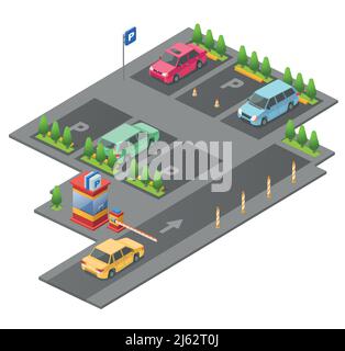Parkplatz isometrische 3D Vektor-Illustration für die Konstruktion. Isolierte Abschnitt Parkplatz im Freien und Checkpoint-Control-Barriere mit Parkomat an Stock Vektor