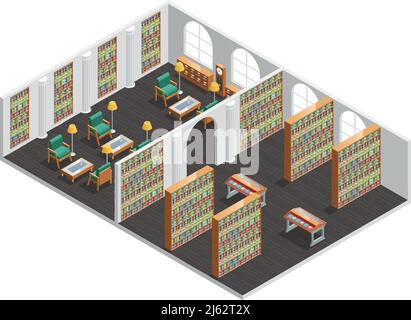 Isometrischer Innenraum für leere Buchladen- und Bibliotheksräume mit Bücherregalen Und Sessel Vektor Illustration Stock Vektor