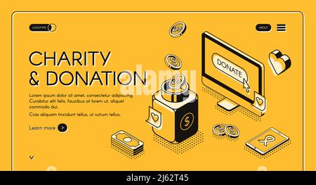 Charity und Spende Vektor-Illustration in isometrischem Liniendesign auf gelbem Halbtonhintergrund. Freiwilligenarbeit ein soziales Hilfskonzept, Solidarität Ribbo Stock Vektor