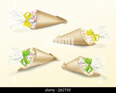 Vector realistische Satz von Papier-Konus-Taschen mit bunten Süßigkeiten Dragee und gelben und grünen Seidenbändern. Handgemachte Verpackung für süße Snacks, Geschenke und Stock Vektor