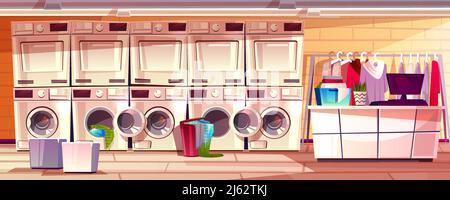 Innenansicht des Wäscheraumes mit Vektor-Illustration des öffentlichen Waschsalon oder Selbstbedienungsautomaten. Moderne Trockenreinigungstheke mit Waschmaschinen, Waschmittel und Klo Stock Vektor