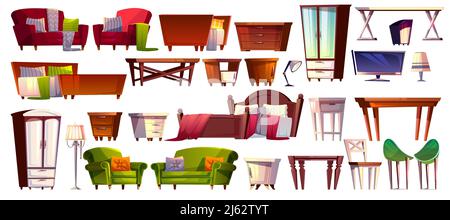 Home Möbel von Schlafzimmer und Wohnzimmer Inneneinrichtung Vektor-Illustration. Isolierte Cartoon-Ikonen von modernen und Vintage-Retro-Bett, Tisch oder Kleiderschrank Stock Vektor