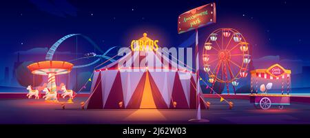 Vergnügungspark bei Nacht. Karneval Zirkuszelt, Riesenrad, Achterbahn, Karussell und Süßigkeiten Baumwolle Stand mit Glühlicht Beleuchtung. Festliche Messe ente Stock Vektor