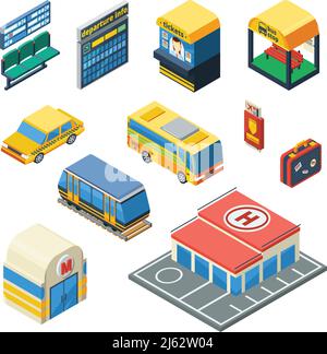 Personentransport isometrische Symbole Satz von Taxi Bus Straßenbahn U-Bahn Bahnhof Wartehalle mit Abfahrt Anzeigetafel isoliert Vektor-Illustration Stock Vektor