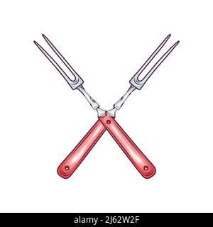 Küche Kochen Pitchfork oder Fleischgabel Utensil, handgezeichnete farbige Vektor-Illustration isoliert auf weißem Hintergrund. Grill- und Grillgabel mit lang Stock Vektor