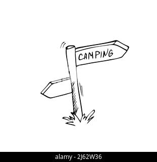 Handgezeichneter Doodle-Schild mit Camping-Text. Vektorführung. Camping Clipart. Gliederung. Stock Vektor