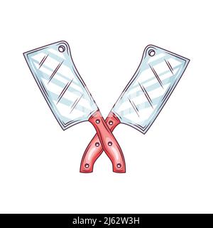 Metall-Zerkleinerer-Messer mit rotem Holzgriff isoliert Farblinie Symbol. Vector Fleischspalter, großes Küchenmesser zum Schneiden von Fleischgerichten. Edelstahl Stock Vektor