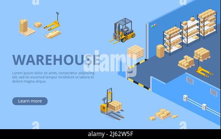 Industrial Warehouse, Distribution oder Lieferunternehmen isometrischen Vektor Web-Banner, Landing Page mit hydraulischen Maschinen, Pakete oder Fracht auf Paletten Stock Vektor