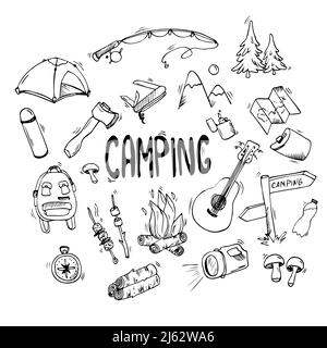 Set von Doodle Wald Camping Design-Elemente. Handgezeichnete Vektorgrafiken isoliert auf weißem Hintergrund. Stock Vektor