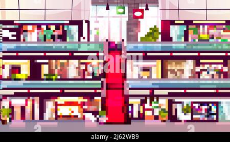 Vektordarstellung des Einkaufszentrums mit Rolltreppe in der Mitte. Mehrstöckiges Handelszentrum mit Einzelhandelsverkauf in Männer- und Frauenmode b Stock Vektor