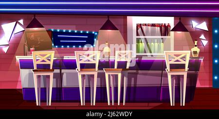 Bar oder Pub Theke Vektordarstellung im Nachtclub oder Inneneinrichtung des Hotels Cartoon flaches Design von Alkoholgetränkflaschen auf Kühlschrank mit Stuhl Stock Vektor