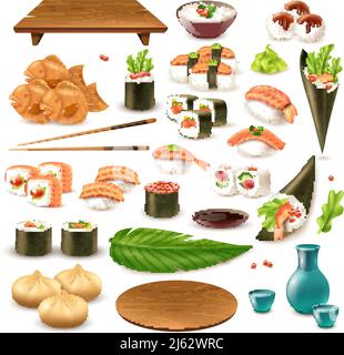 Japanisches Essen inklusive Sushi, Sake, Reis in Schüssel, Knödel, Wasabi, sojasoße isoliert Vektor-Illustration Stock Vektor