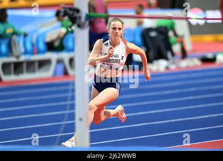 Leonie Cambours nimmt an den Hallenweltmeisterschaften in Belgrad 2022 im Hochsprung des Fünfkampfs Teil. Stockfoto