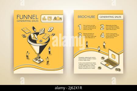 Trichter generieren Umsatz, Business-Marketing-Broschüre, Poster oder Broschüre isometrische Linie Kunst Vektor Vorlage oder Seitendesign Layout. Online-Vertriebsstrategien Stock Vektor