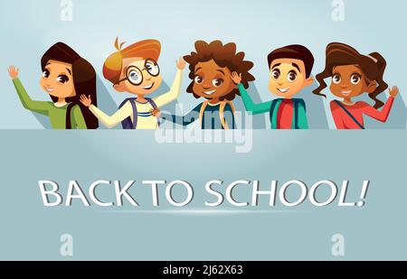 Vektorgrafik Cartoon zurück zur Schule Bildung Poster, Banner Hintergrund Vorlage mit multinationalen Kindern, Schüler winken Hände. Illustration mit Happy afric Stock Vektor