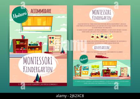 Vektor-Broschüren mit Montessori Kindergarten, Unterricht in Cartoon-Vorschule Institution für Kinder. Broschüren, Broschüren mit einer Schulklasse, recrea Stock Vektor