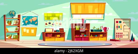 Montessori Kindergarten Spielzimmer, Grundschule Klasse, Kinderzimmer Innenraum Cartoon Vektor Illustration mit Spielzeug, Unterrichtsmaterialien, Bücher auf Rack, Stock Vektor