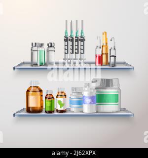 Medikamente realistische Zusammensetzung mit zwei Glasböden und verschiedene Medikation zur Impfung und zur internen Verwendung Vektordarstellung Stock Vektor