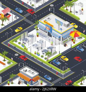 Fragment der Stadtlandschaft mit Straßenrestaurant Satz von schnell Lebensmittel Zelte Tische im Freien und Parkplatz isometrische Vektor-Illustration Stock Vektor