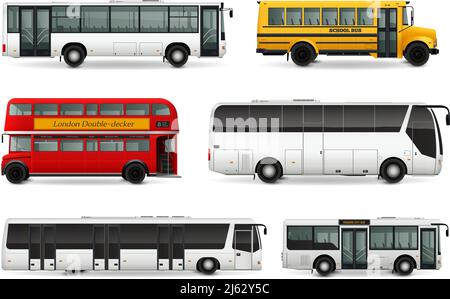 Realistisches Set mit Schulbus moderne städtische und touristische Verkehrsmittel london Doppeldecker Fahrzeug isoliert Vektor Illustration Stock Vektor