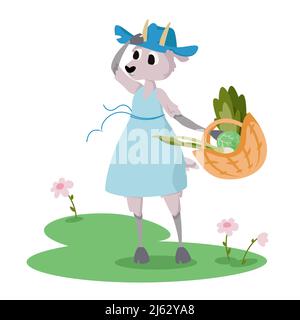 Ziege hält Korb mit Gemüse. Anthropomorphe Tiere im Cartoon-Stil. Stock Vektor