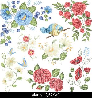 Klassische florale Stickerei Füllung Raum Muster-Design mit Rosen Kamille Blaubeeren Vögel und Schmetterlinge bunte Vektor-Illustration Stock Vektor