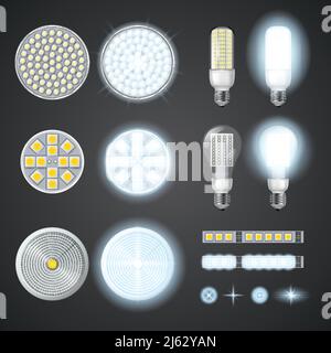 Ein- und Ausschalten LED-Lampen und Lichter Effekte von Verschiedene Größe und Form auf schwarzem Hintergrund isoliert realistisch gesetzt vektorgrafik Stock Vektor