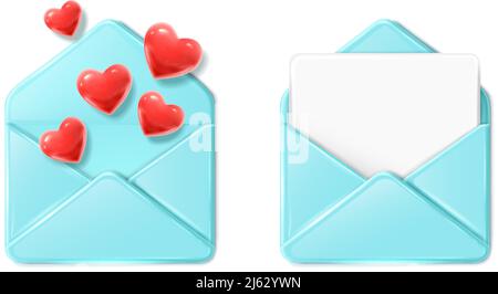 3D realistisches Vektor-Icon-Set. Blaue Umschläge mit blanck Brief und Herzen. Liebesbrief. Isoliert auf weißem Hintergrund. Stock Vektor