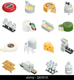 Molkereiproduktion Fabrik isometrische Symbole mit cremig weich und eingestellt Hartkäse Sorten Reifung isometrische isolierte Vektor-Illustration Stock Vektor