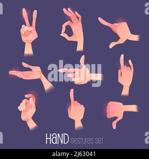 Handgesten eingestellt. Menschliche Handfläche in verschiedenen Positionen gestikulend, zeigen Richtung, Sieg, ok Daumen nach unten zeigen, drücken Emotionen mit isolierten Fingern aus Stock Vektor