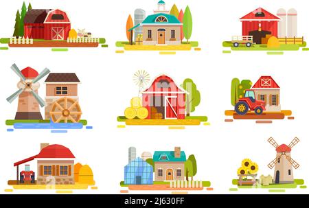 Bauernhof Wohnung Sammlung mit Doodle Stil Landschaftsbilder von Mühle Anlagen haymows Lager und Agrimotors Vektor-Illustration Stock Vektor