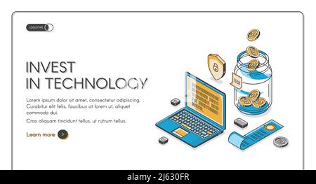 Investieren Sie in Technologie isometrische Landing Page, Laptop mit Binärcode auf dem Bildschirm, Dollar-Münzen fallen auf Glas und Schild. Sicheres Investitionsgeschäft Stock Vektor