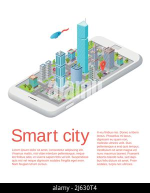 Vektor isometrisches Smart City Konzept 3D Gebäude, Straßen mit Navigationsmarkierungen, Wolkenkratzer, Stadtlandschaft in weißem Smartphone. Telefonlokation Stock Vektor