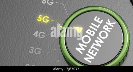 Drehknopf Drehen Sie auf 5G Mobilfunknetz, 3D Rendering Stockfoto