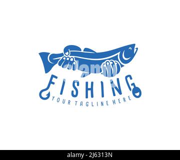 Angeln, Fischer oder Fischer mit Fisch, Logo-Design. Angelausrüstung, Haken und Schwimmer, Vektorgrafik und Illustration Stock Vektor