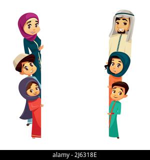 Vektor-Cartoon arabische Khaliji Familie Charaktere piepsen von hinter leeren leeren Raum White Paper muslim Poster Hintergrund Vorlage. Saudi-emirates man Stock Vektor